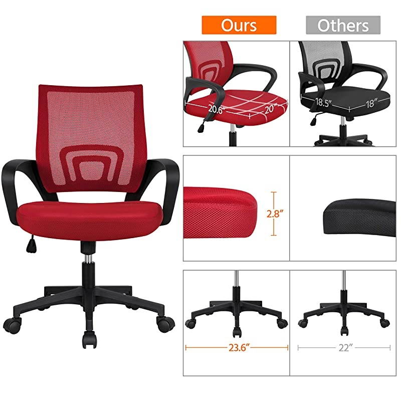 Ergonomic Mesh Office Chair MidBack Height Adjustable Computer Chair wLumbar Support 360 Rolling Casters 125kg276lb Weight Capacity Red