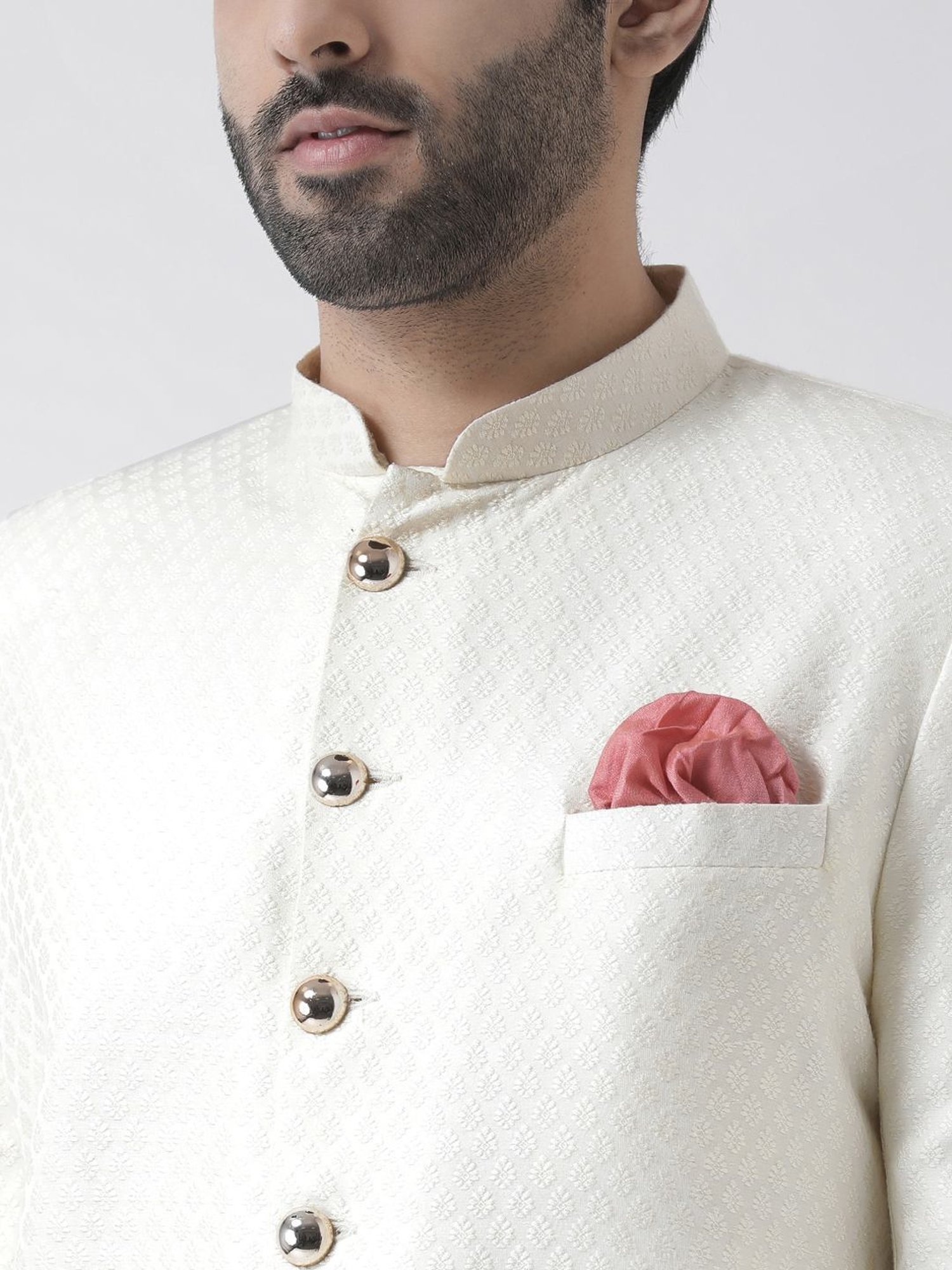 KISAH Off White Regular Fit Jacquard Sherwani Set