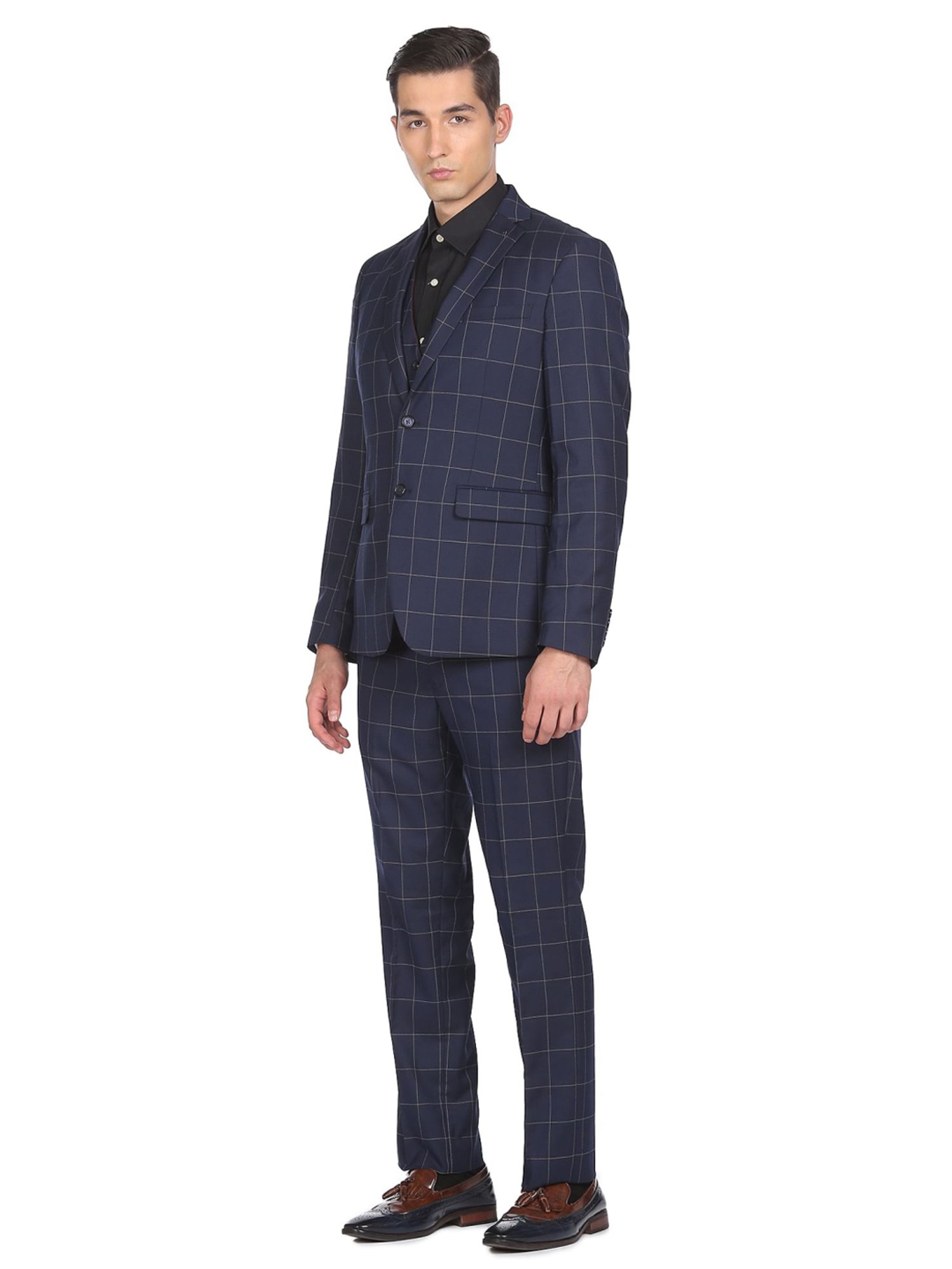 Arrow Navy Regular Fit Checks Three Piece Suit