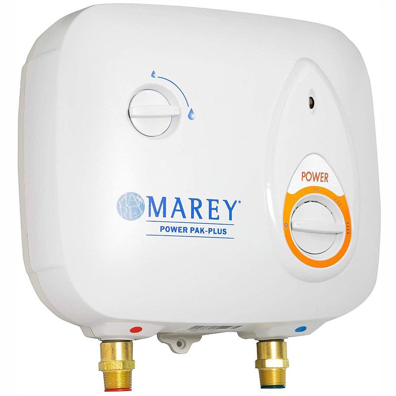 Marey Power 2.0 GPM 220 Volt Electric Tankless Hot Water Heater Power Pak for Apartments, House, or Single Point of Use, White