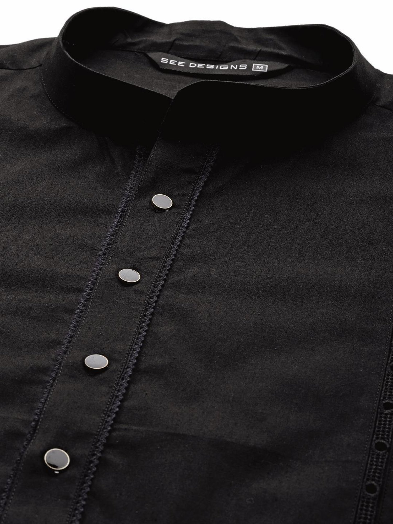 See Designs Black Cotton Regular Fit Embroidered Kurta Bottom Set