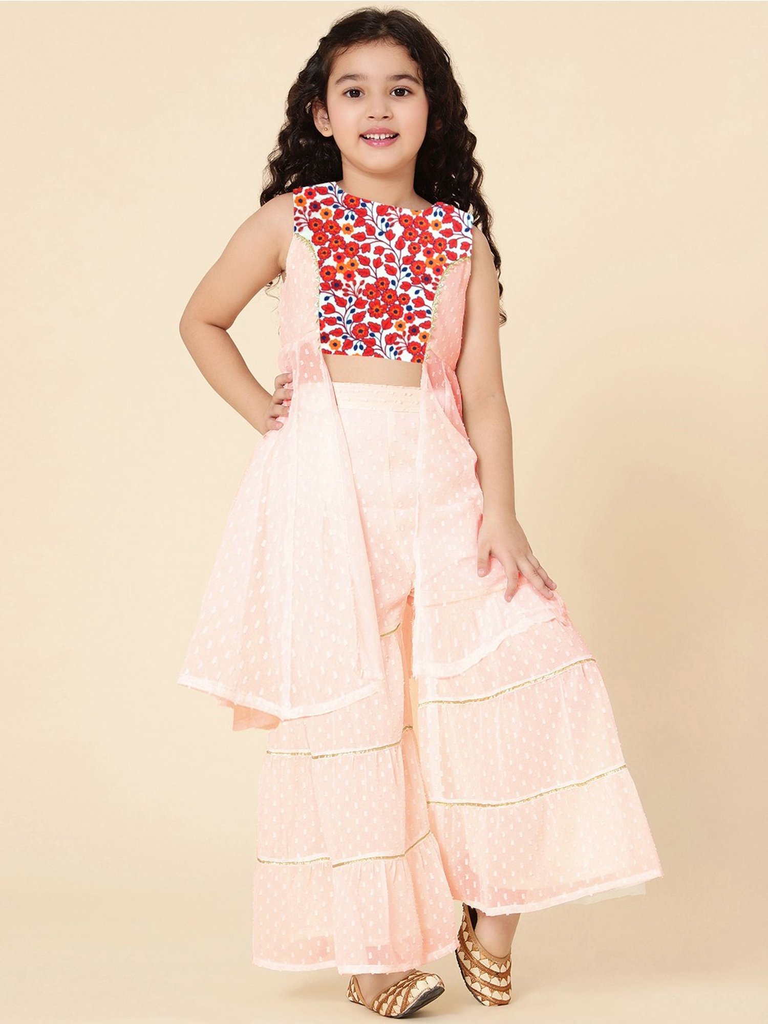A.T.U.N. Kids Peach & Red Embroidered Kurta Set