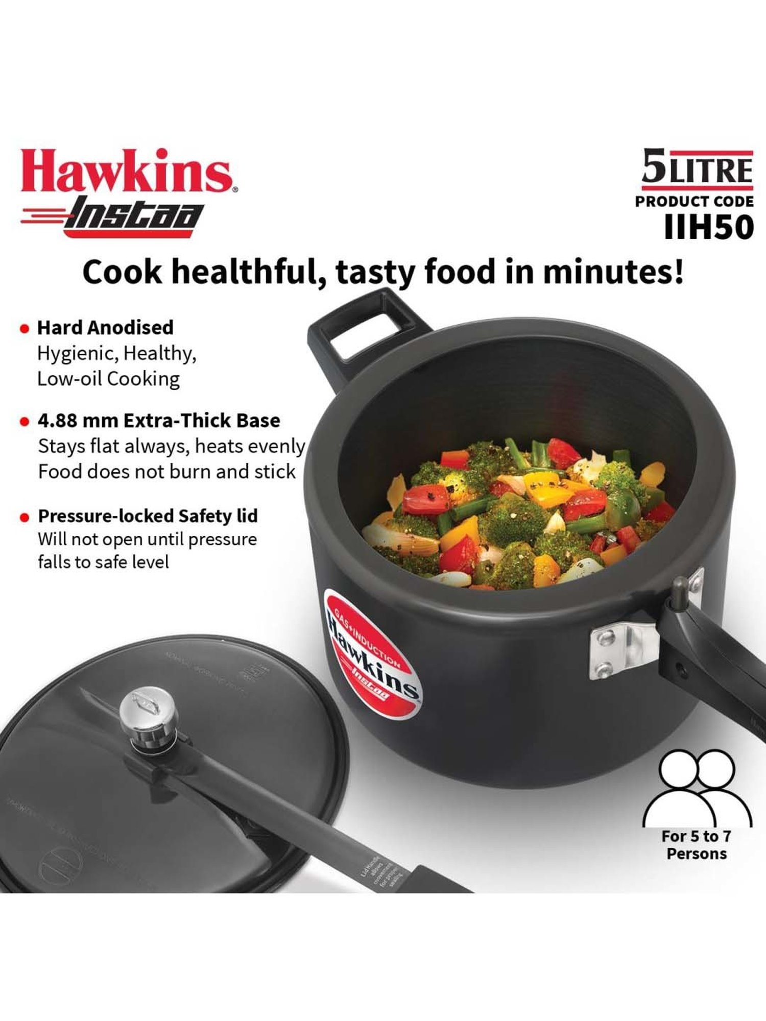 Hawkins Black Aluminium Induction Inner Lid Instaa Hard Anodised Pressure Cooker (Iih50) (5 L)