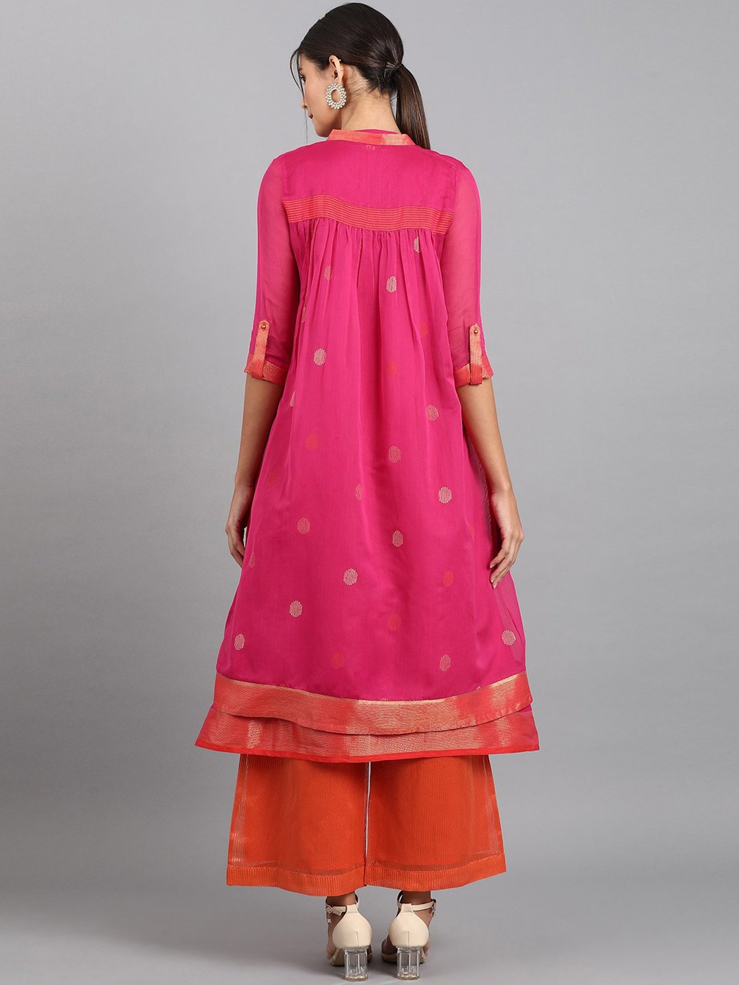 W Pink & Orange Solid Kurti Palazzo Set With Jacket
