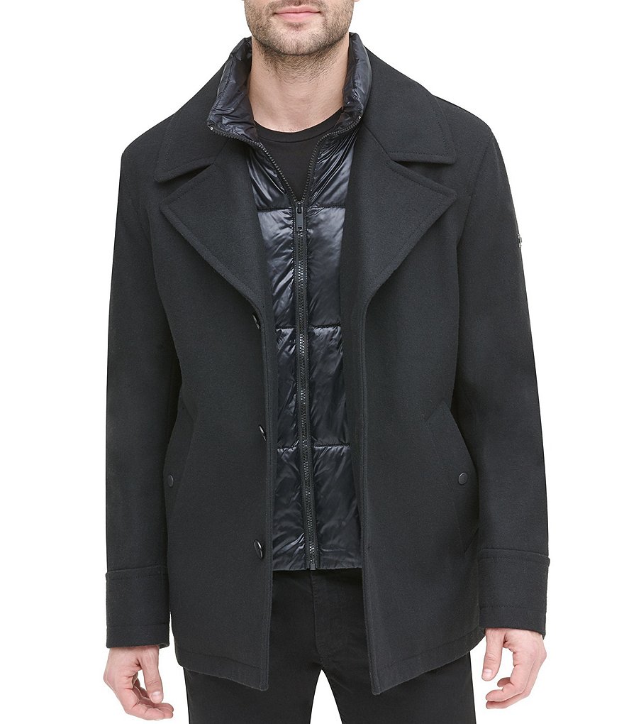 DKNY Long-Sleeve Nylon Quilted-Bib Wool-Blend Peacoat