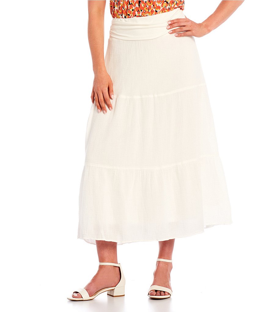 Kasper Pull-On Tiered A-Line Textured Gauze Skirt