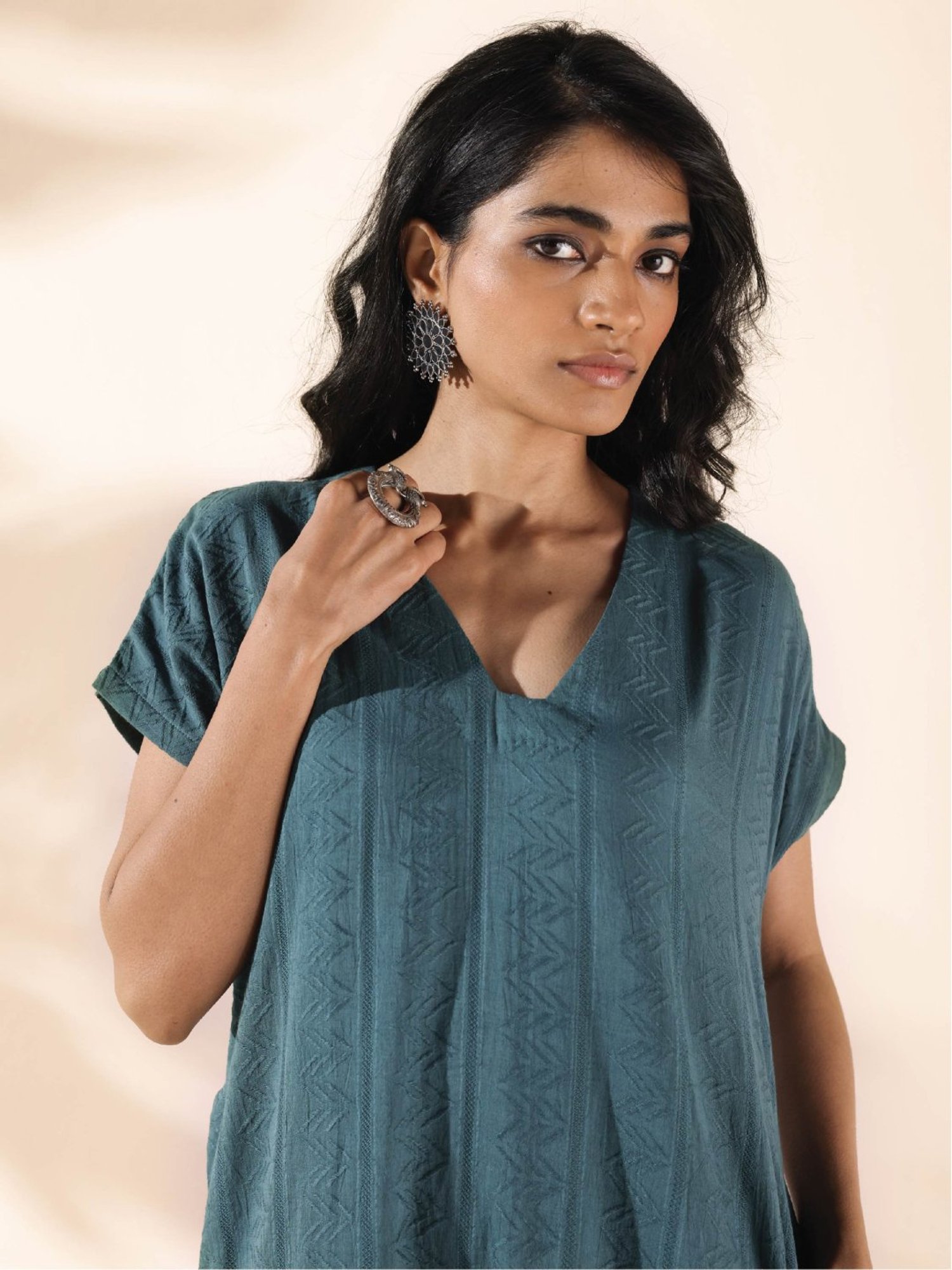 true Browns Grey Cotton Self Pattern A-Line Dress