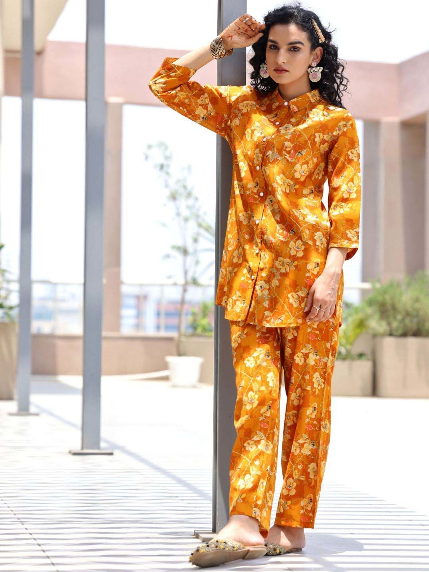 Libas Mustard Printed Silk Blend Co-Ords