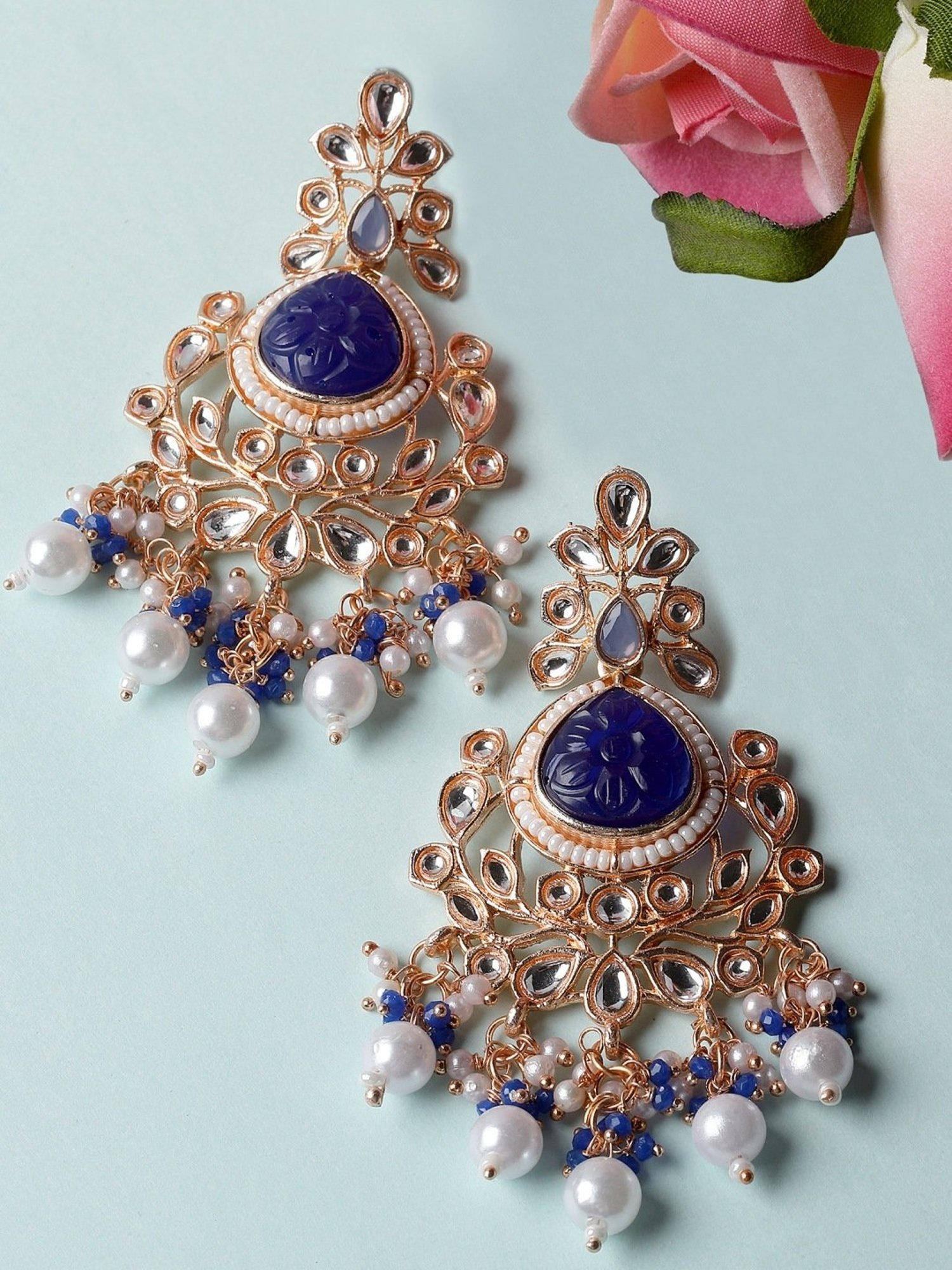 Karatcart Rose Gold Plated Blue Carved Stone Kundan Drop Earrings for Women