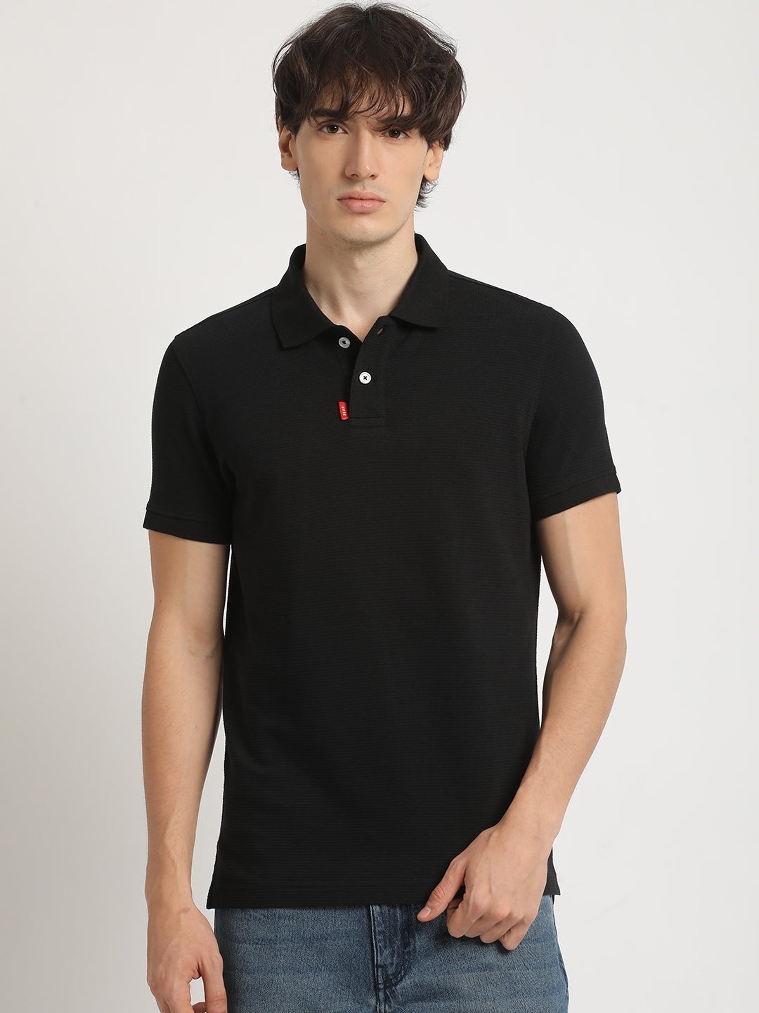 The Bear House Black Cotton Regular Fit Self Pattern Polo T-Shirt