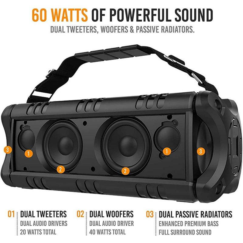 [Upgraded] Waterproof Bluetooth Speaker 60W (80W Max), Portable, Wireless, 8000mAh Power Bank, Shockproof, TWS, DSP, Stereo, Subwoofer, TF Card, Equalizer, Alpatronix AX500, Indoor & Outdoor &ndash; Black