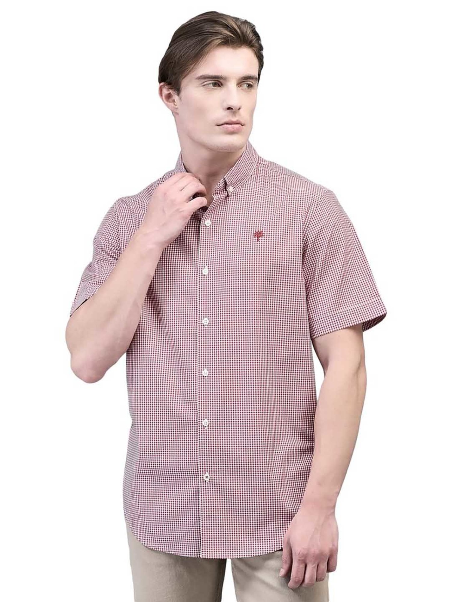 Woodland Maroon & White Regular Fit Check Cotton Shirt