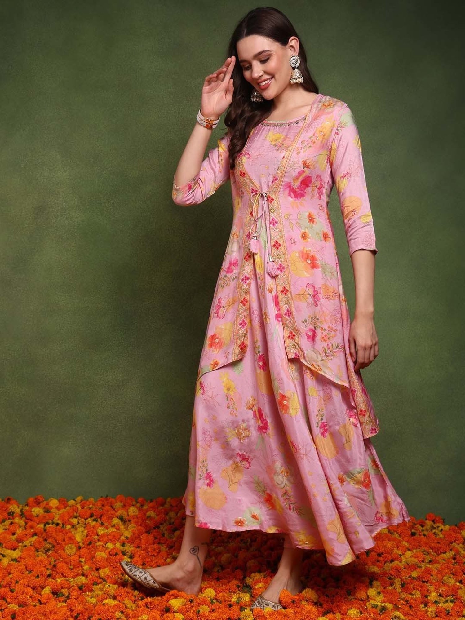 Vaamsi Pink Printed Maxi Dress With Shrug