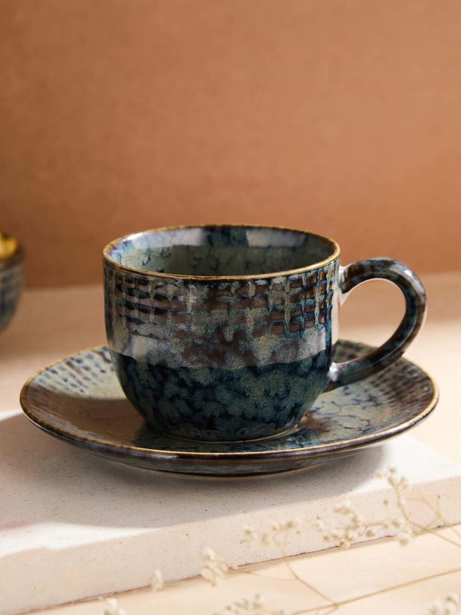 India Circus Floral Blue Bone China Cup Saucer (Set of 8)