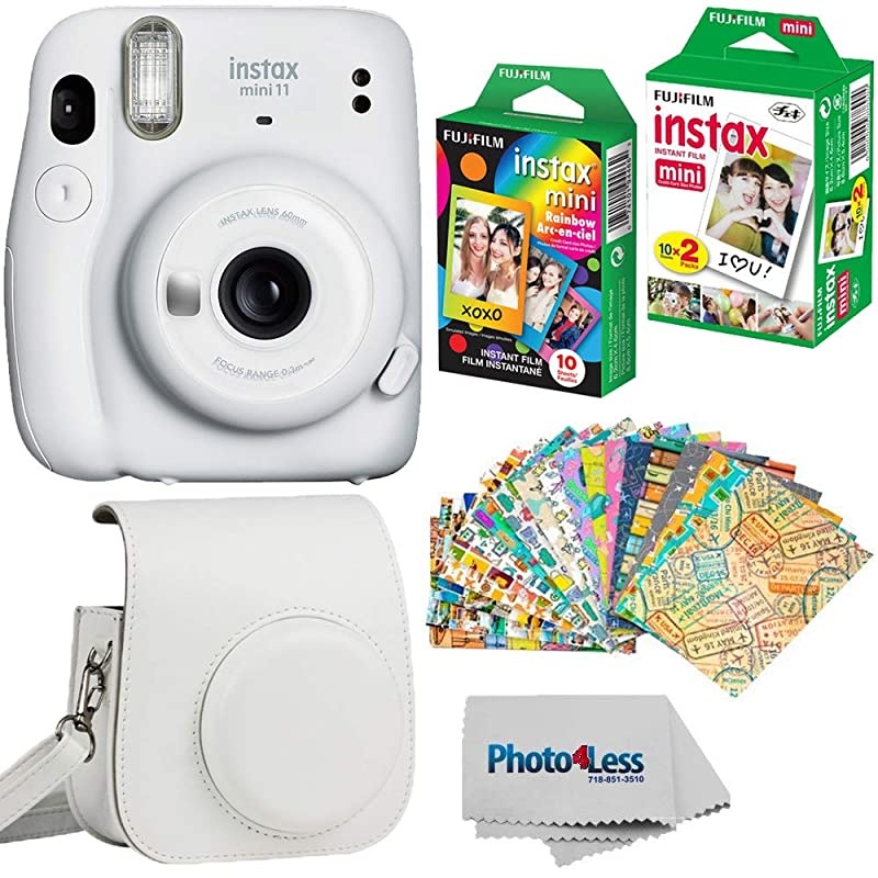 Instax Mini 11 Instant Camera Ice White 16654798 +  Instax Mini Twin Pack Instant Film 16437396 + Single Pack Rainbow Film + Case + Travel Stickers