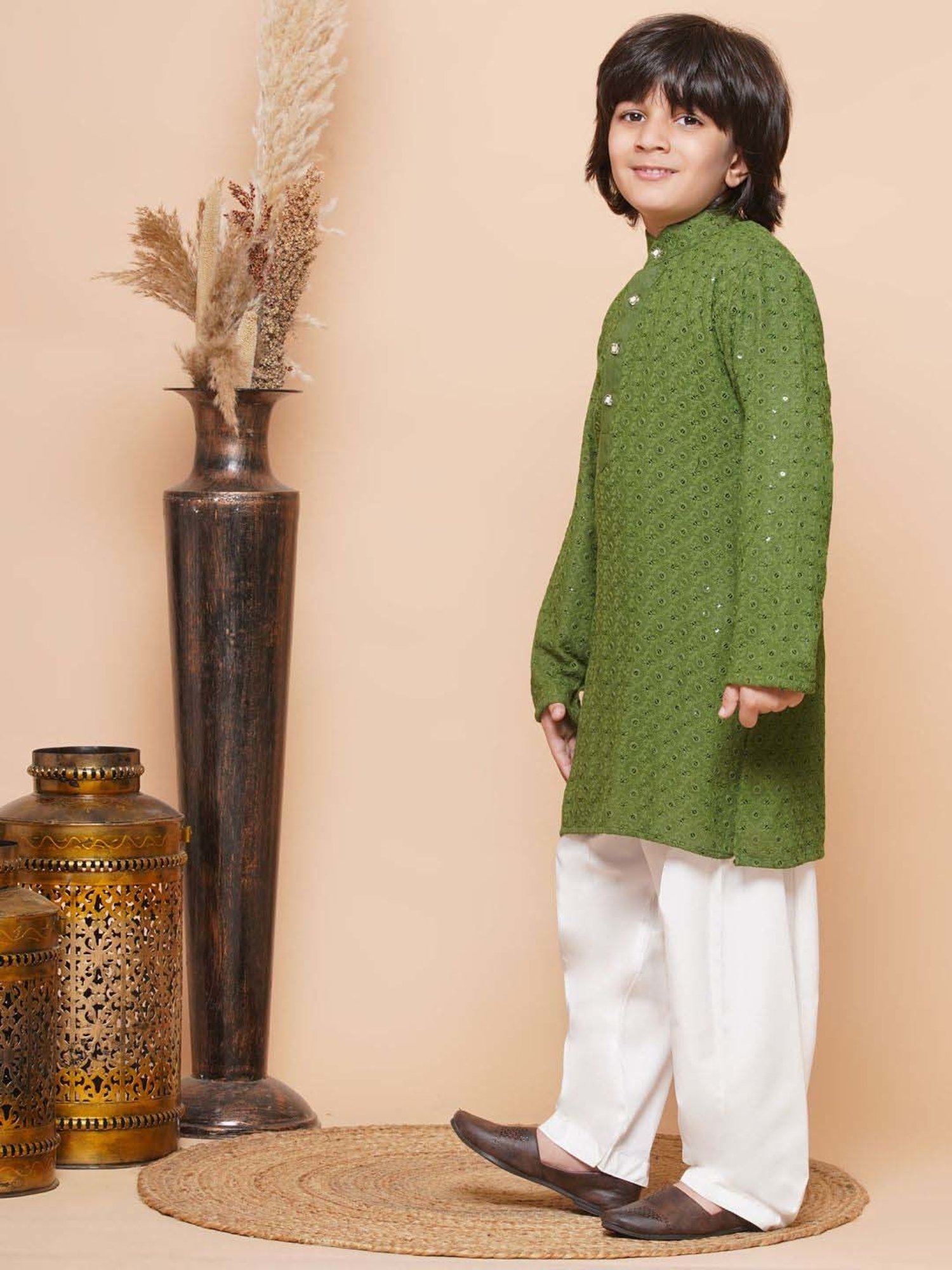 AJ Dezines Kids Green & White Cotton Embroidered Full Sleeves Kurta Set