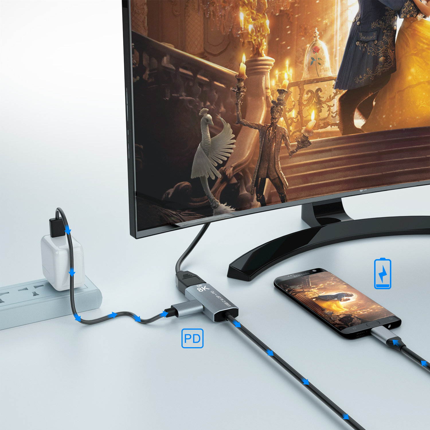 CableDeconn USB C to DisplayPort 1.4 8K Cable with USB-C PD 8K@60Hz 4K@144Hz Converter Thunderbolt 3 to DisplayPort Adapter Compatible with New MacBook Pro 2019 2020 DELL XPS 2m 6.6ft