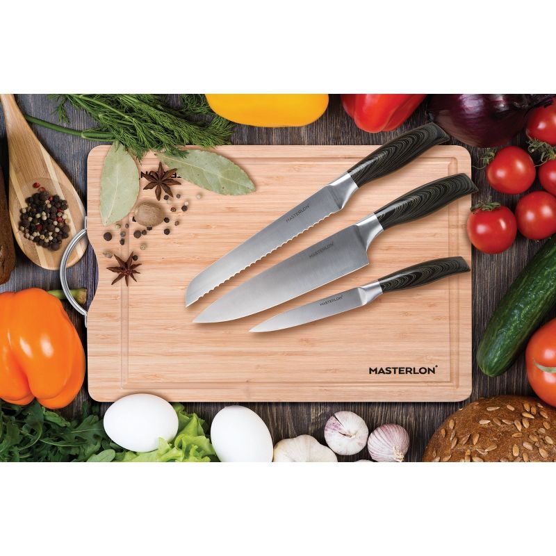 MasterPan 3pc Knife Set with Bamboo Cutting Board Black
