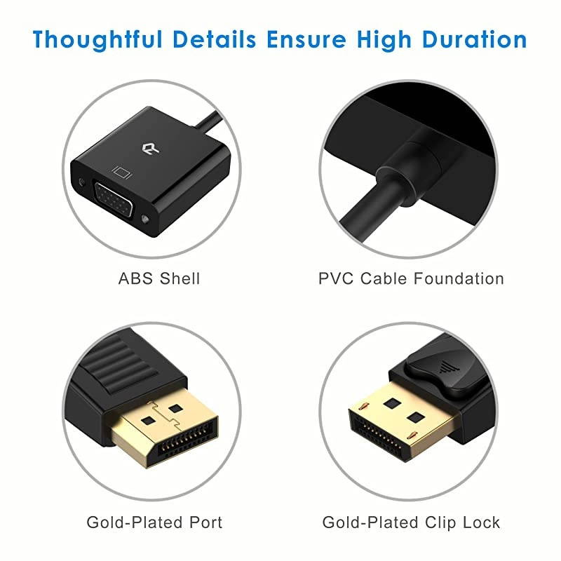 DisplayPort DP to VGA Adapter Gold Plated Converter Black