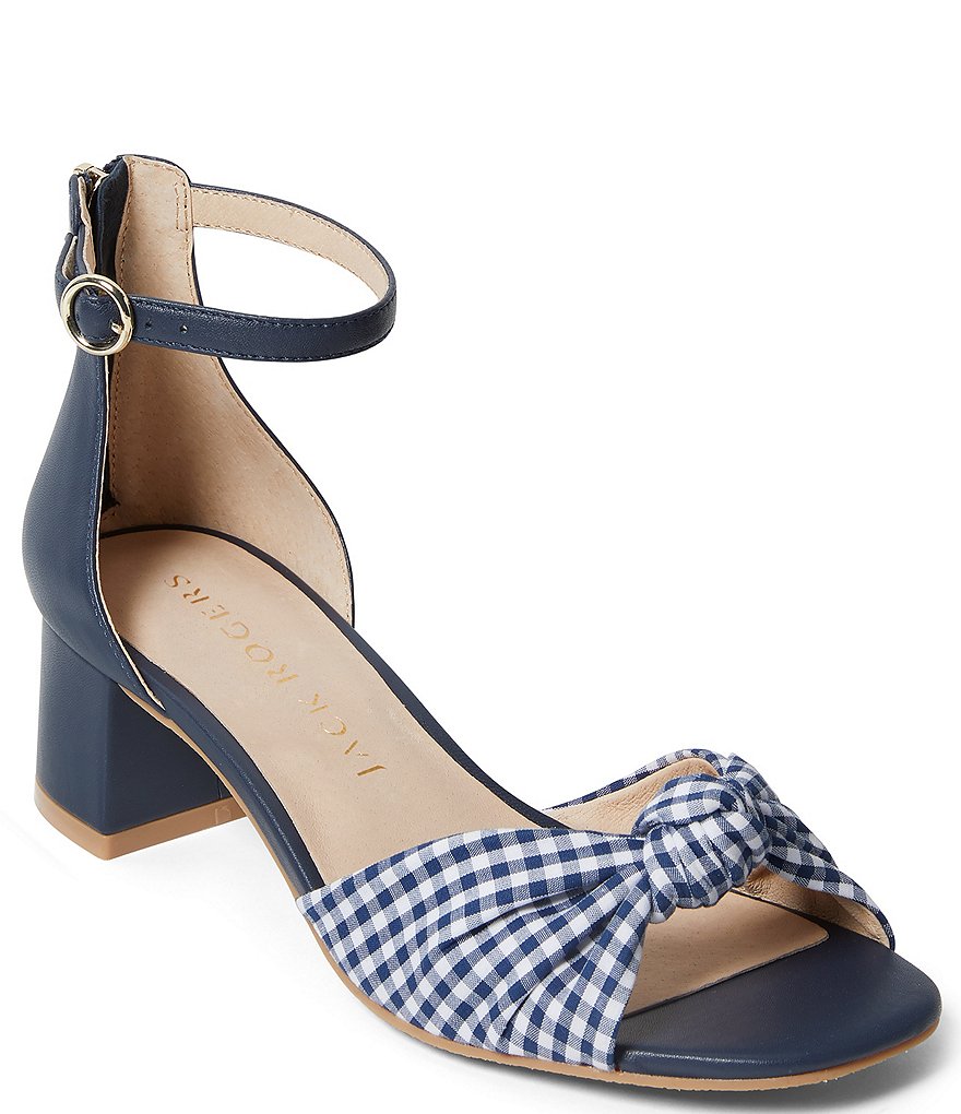 Jack Rogers Abigail Gingham Knotted Ankle Strap Block Heel Sandals