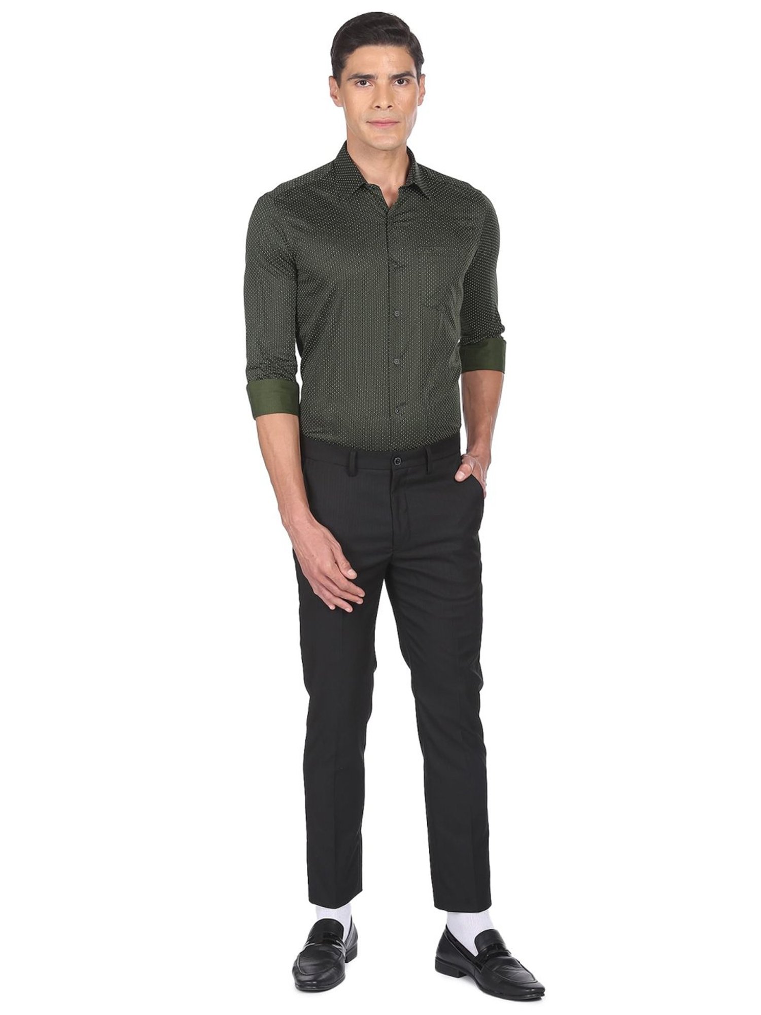 Arrow New York Green Cotton Slim Fit Printed Shirts
