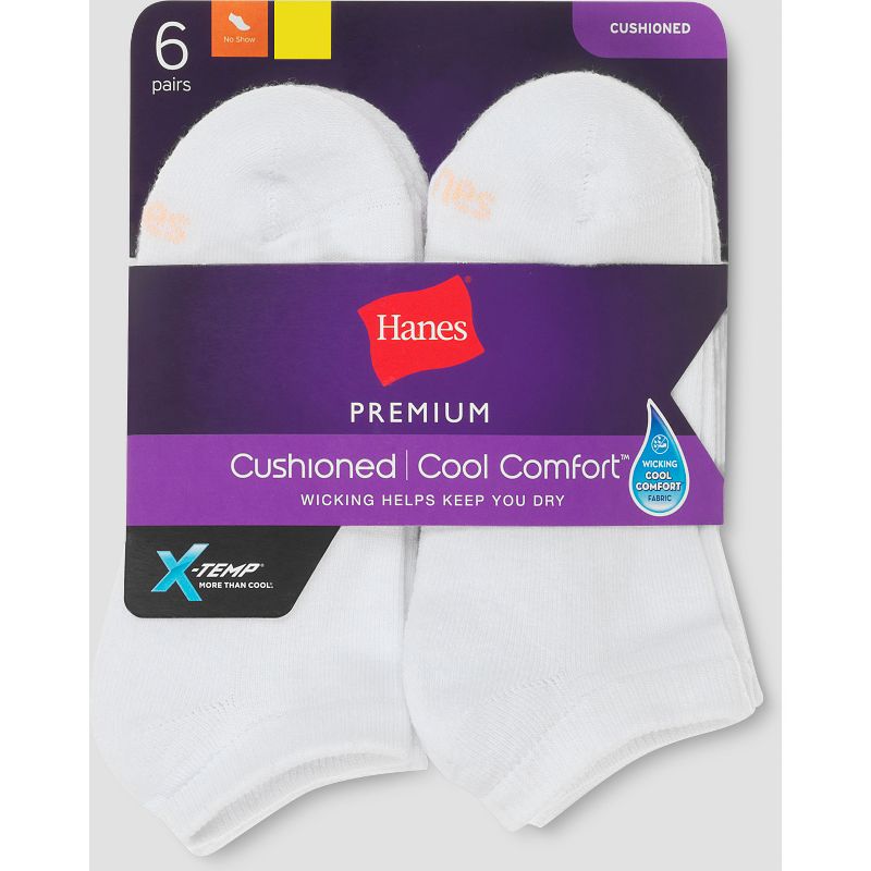 Hanes Premium 6 Pack Women's Cushioned No Show Socks - White 8-12