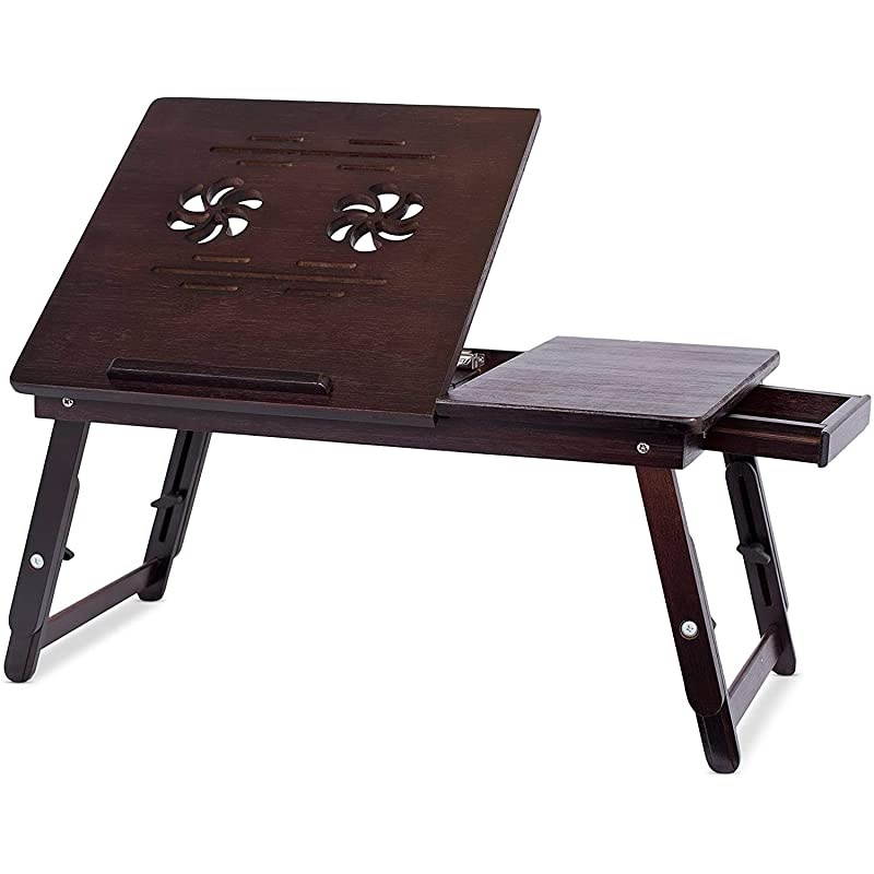 Multi Tasking Laptop Bed Tray with Adjustable Legs Bamboo Lap Desk Folding TV Tray Table Smartphone Tablet Lap Tray Homework Study Reading Eating Food Walnut