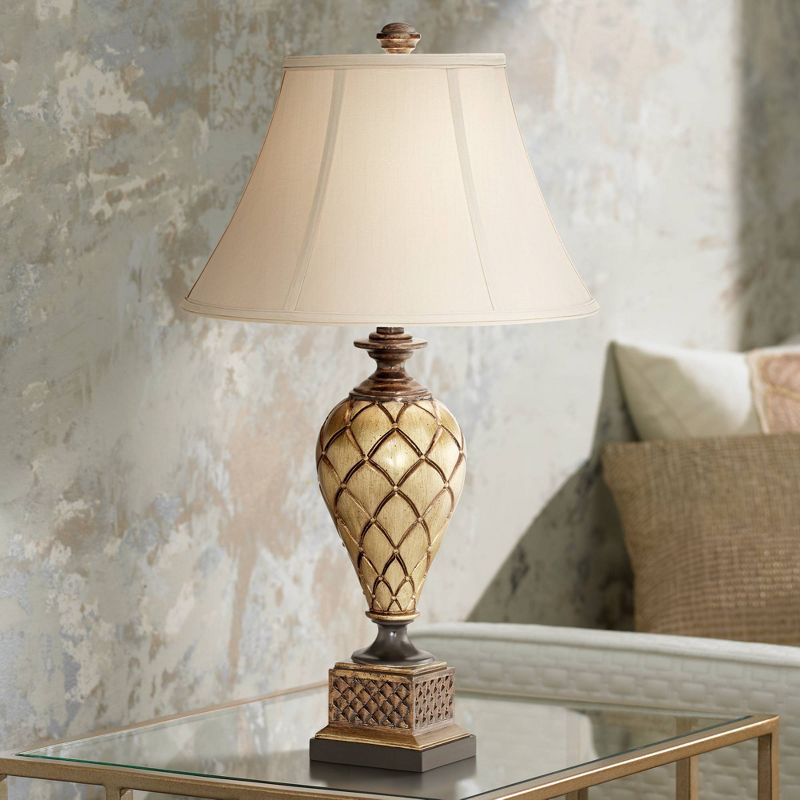Barnes and Ivy Traditional Table Lamp Antique Gold Urn Flared Bell Shade for Living Room Family Bedroom Bedside Nightstand