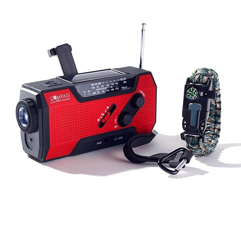 Hand Crank AM FM Radio Emergency NOAA Weather Radio + USB 2000mAh Power Bank Phone Charger amp LED Flashlight wSOS Bonus Survival Paracord Bracelet Magnesium Flint Fire Starter Compass Whistle