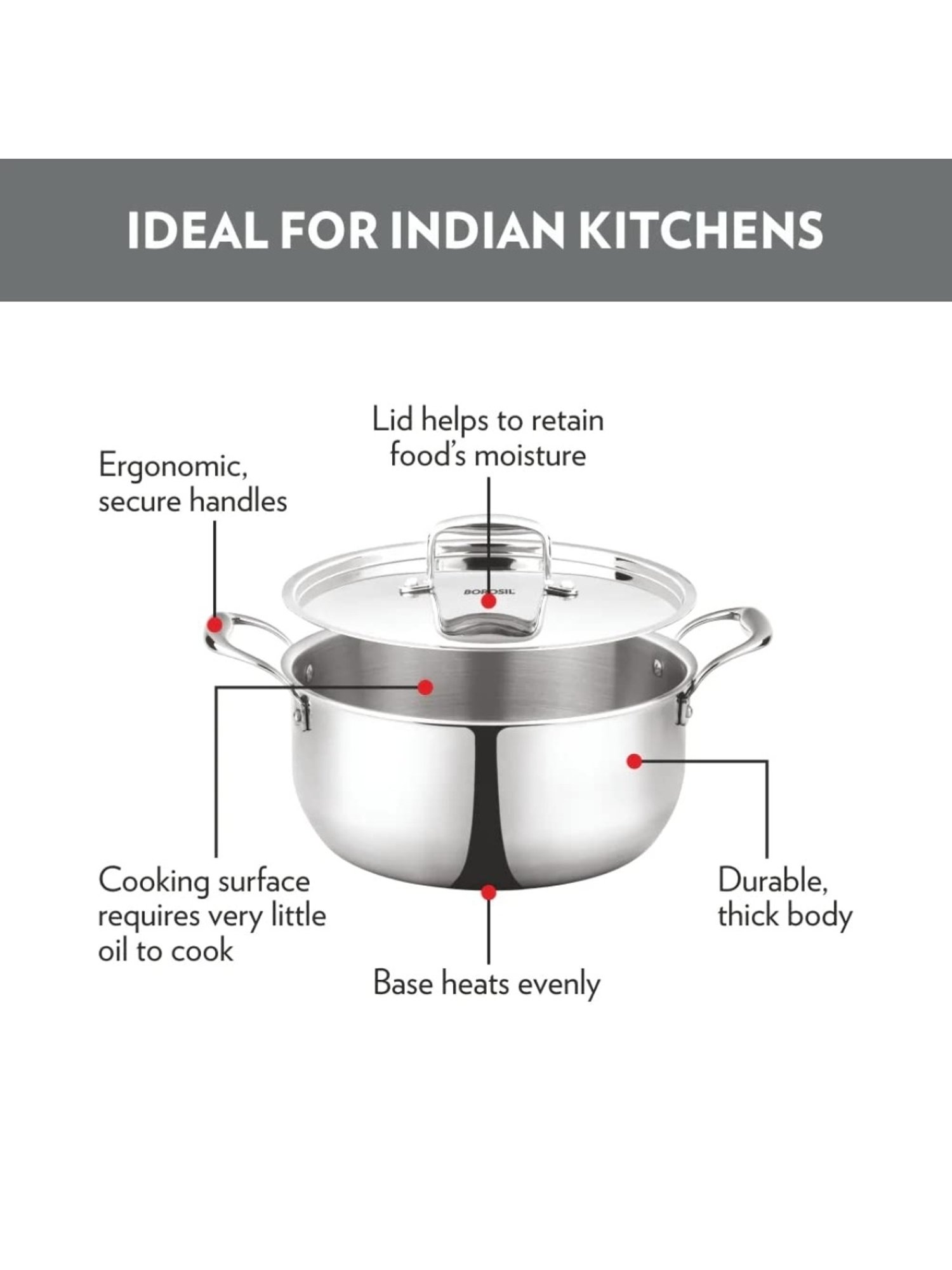 Borosil ?Silver ?Stainless Steel Casseroles (2100 ML)