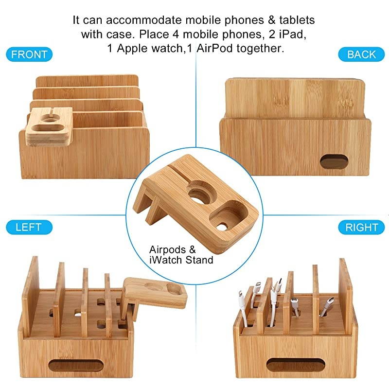 Charging Station for Multiple Devices with 5 Port USB Charger 5 Charger Cables and AirPod Watch Stand Pezin Hulin Desk Wood Docking Stations Electronic Organizer for Cell Phone Tablet