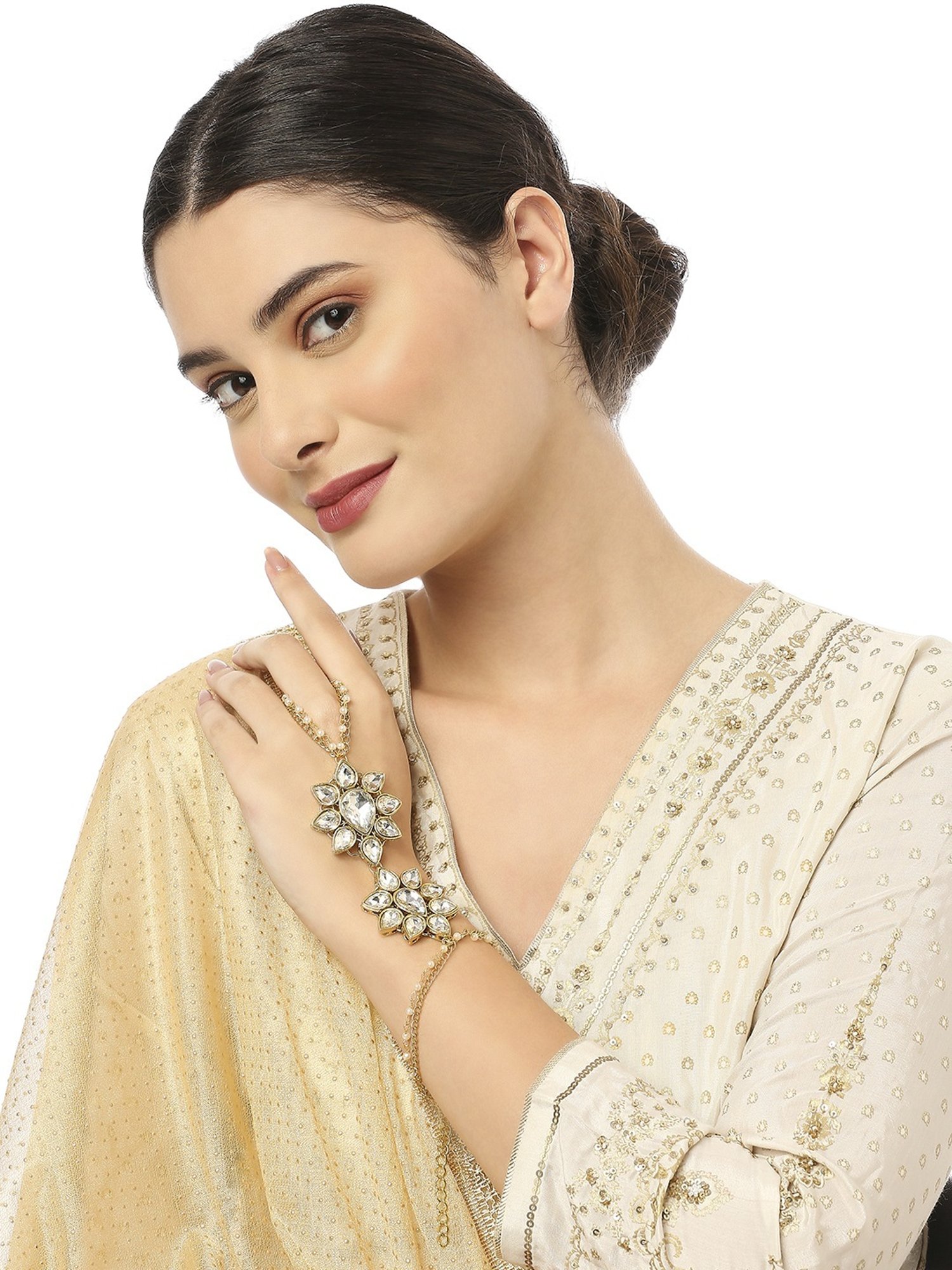 Oomph Gold Tone Pearls & Kundan Hand Harness