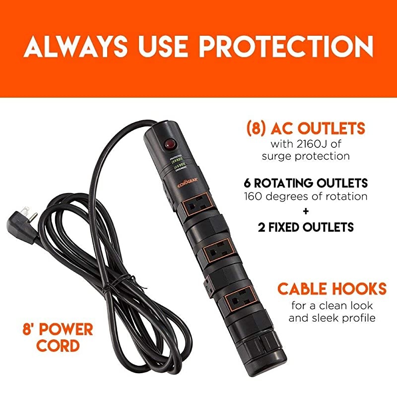Power Strip Surge Protector with 8 RotatingOutlets Cable Management Flat Plug amp Fireproof MOV 2160 Joules of Surge Protection Expand Outlet Capacity amp Keep Your Gear Safe