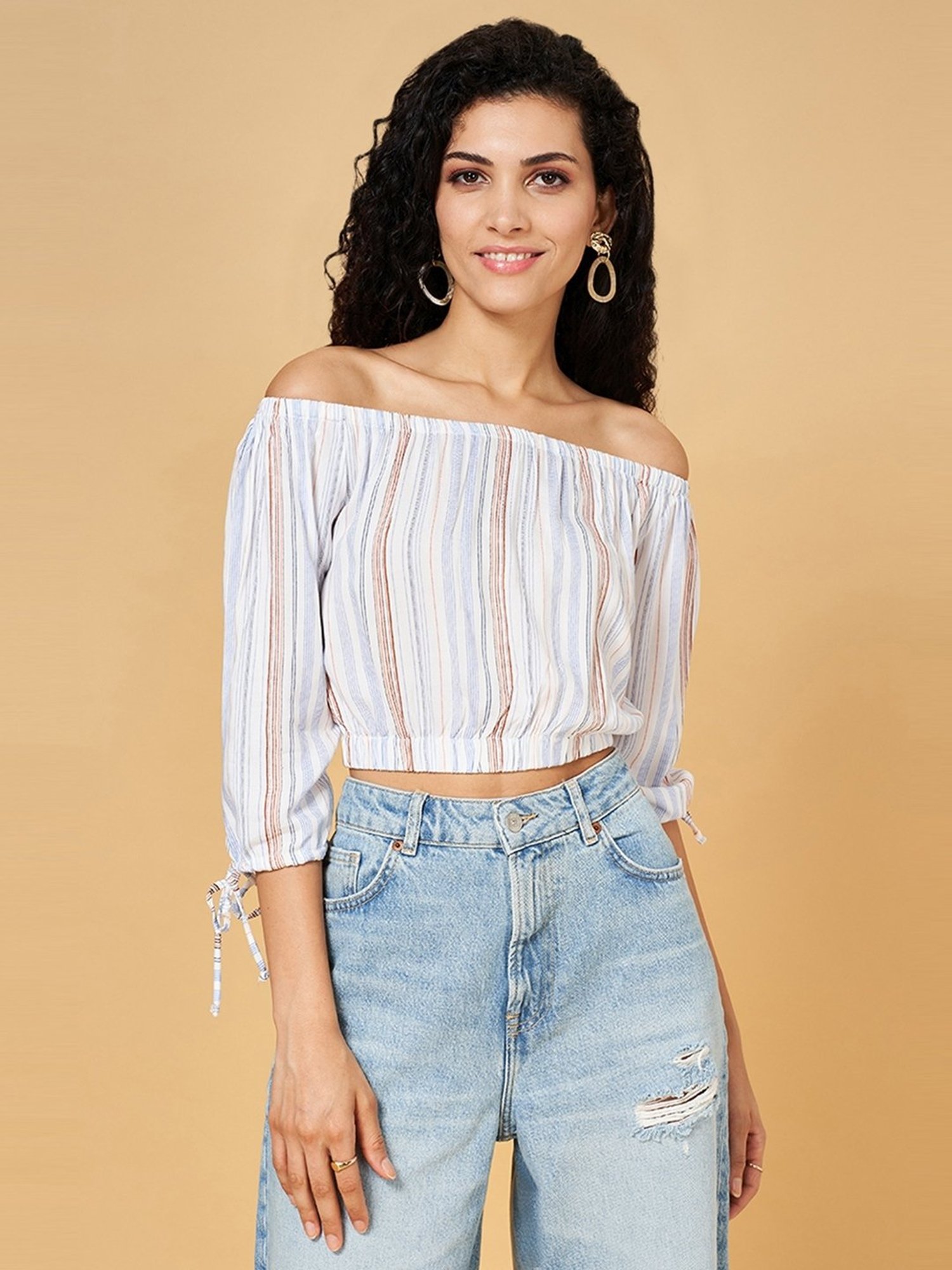 YU by Pantaloons Off-White Striped Crop Top