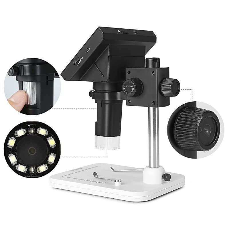 4.3 inch Full Color LCD Digital USB Microscope with 10X-600X Magnification Zoom,8 LED Adjustable Light,Rechargeable Lithium Battery,Micro-SD Storage,Camera Video Recorder