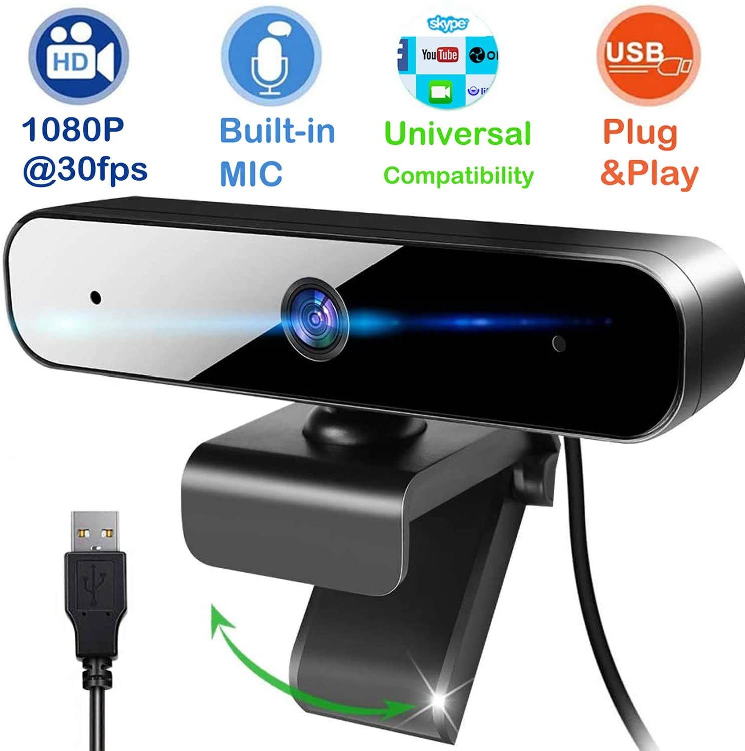 MIMODAY Full HD 1080P Web Camera (30fps), Plug & Play USB Webcam with Built-in Dual Microphone, Facial-Enhancement Technology, Multi-Compatible, for Video Conferencing, Recording, and Streaming