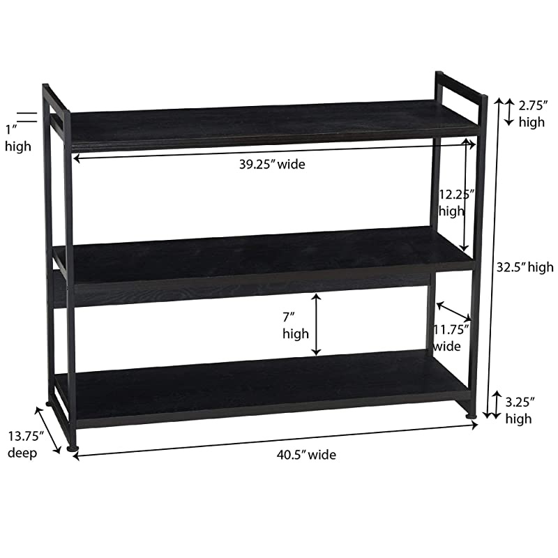3 Tier Storage Shelf with Minimalist Metal Frame | 40.5" W x 32.5" H x 13.75" D | Black Wood Grain