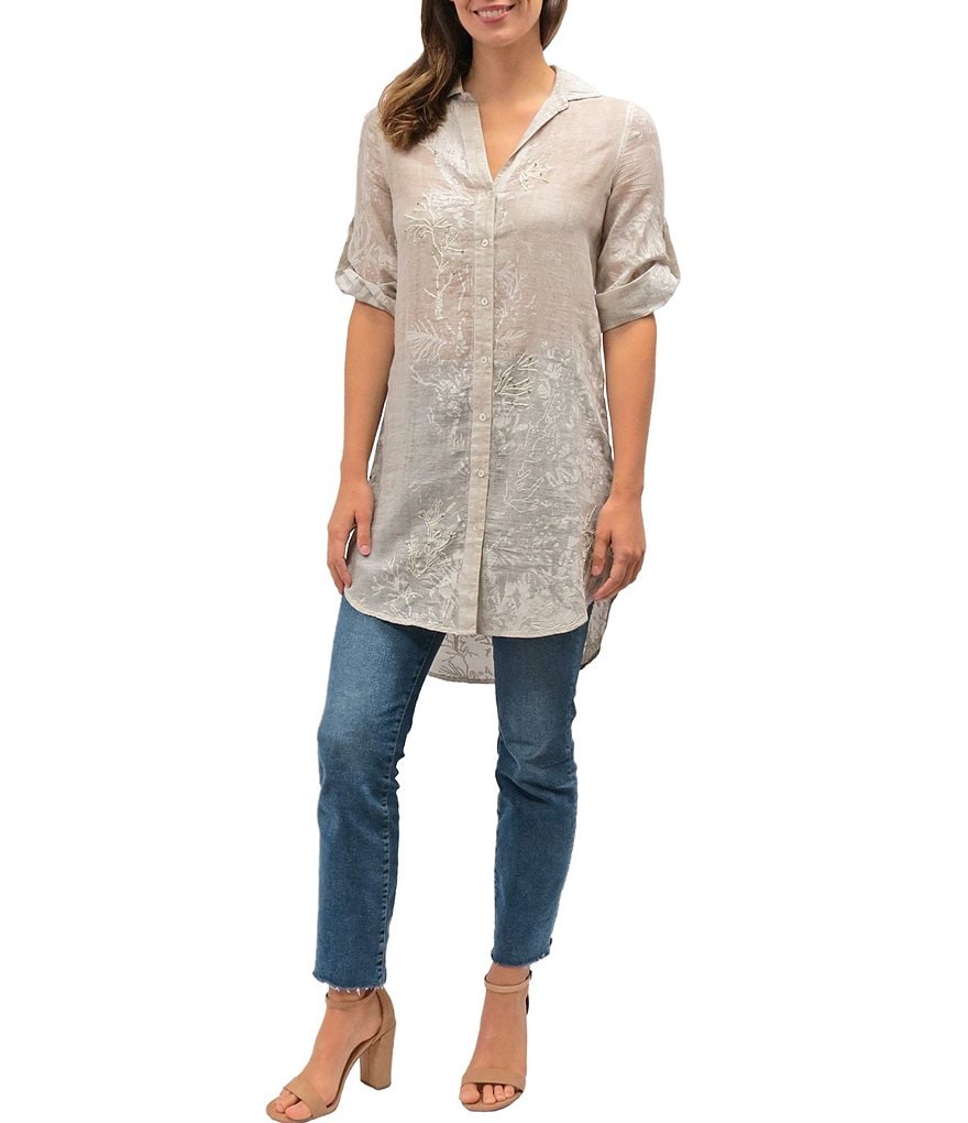 Karyn Seo Simone Embroidered 3/4 Sleeve Point Collar Button Front Tunic