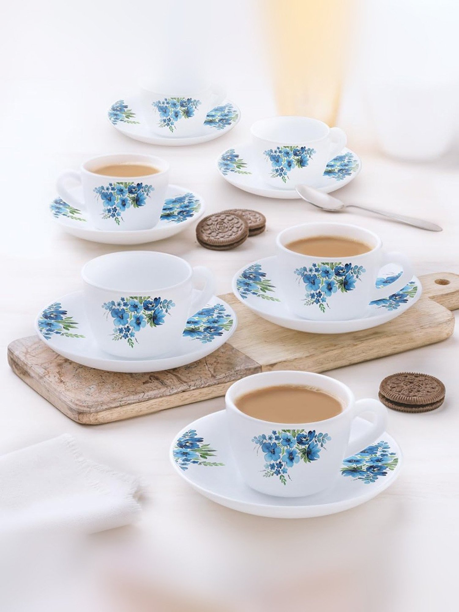 India Circus Floral Blue Bone China Cup Saucer (Set of 8)