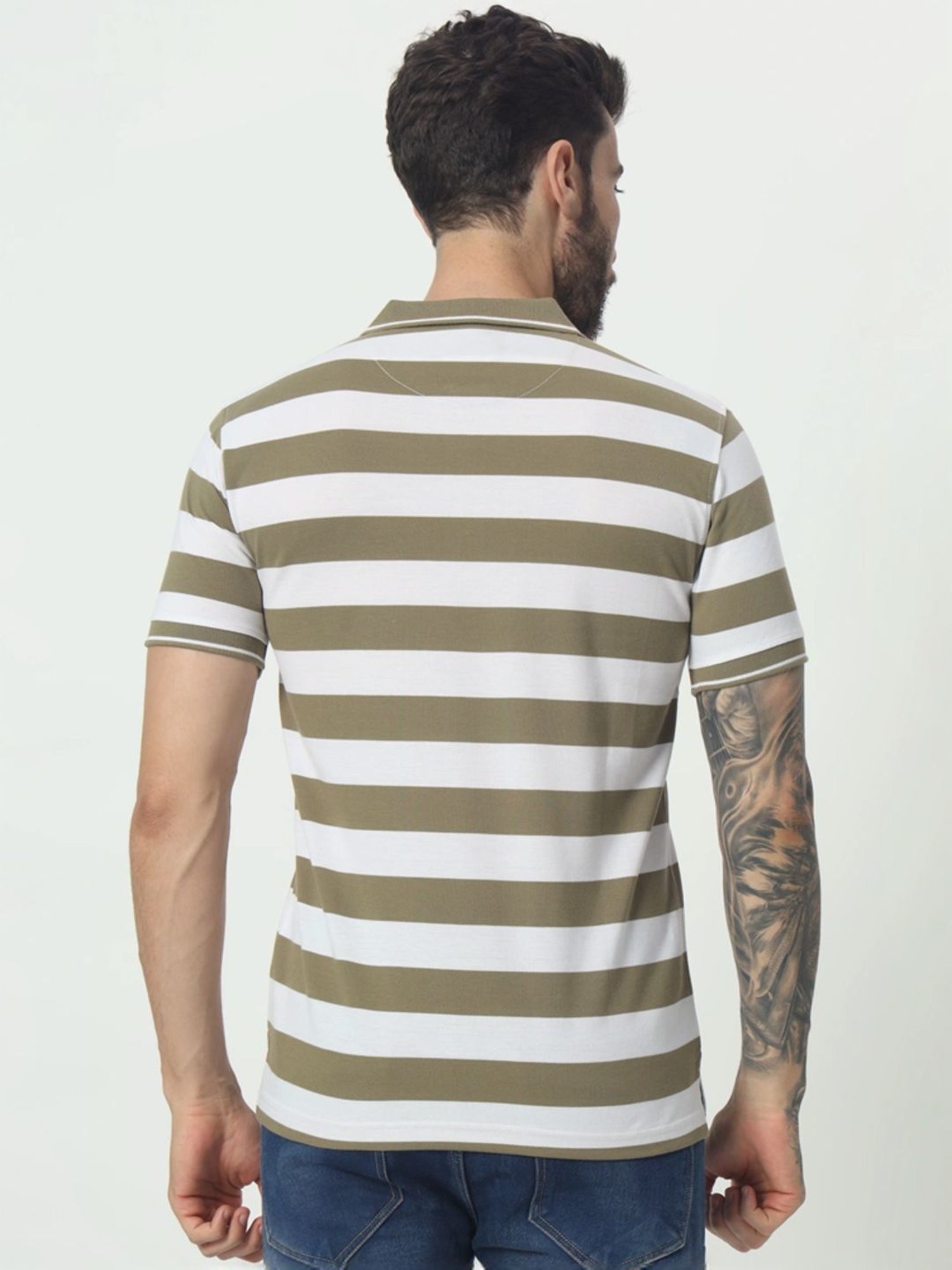 Tab91 Green Regular Fit Striped Polo T-Shirts