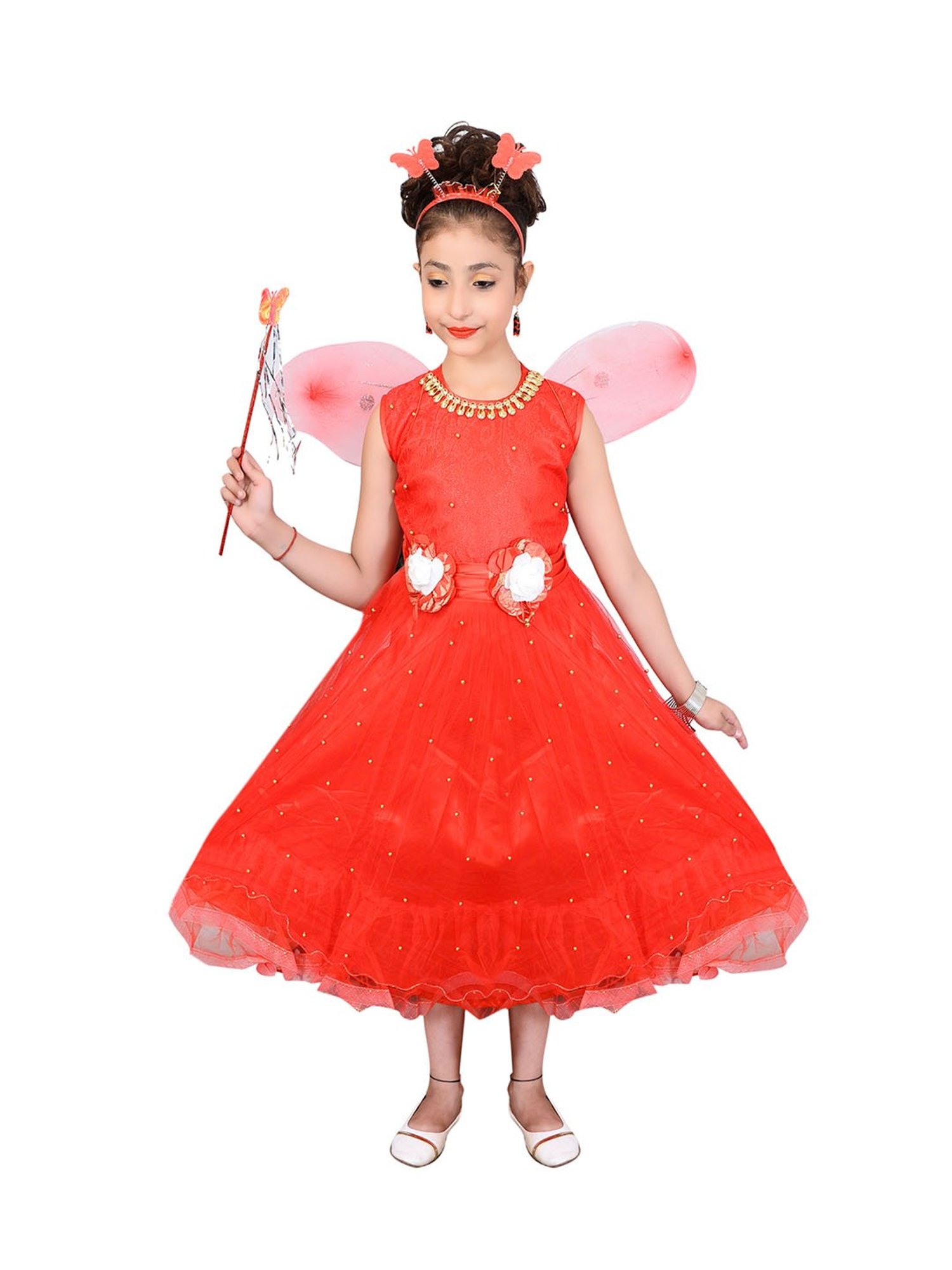 Ahhaaaa Kids Red Embellished Dress, Wings, Hair Band with Fairy Stick
