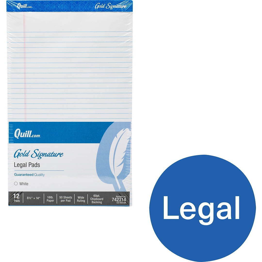 Quill Brand&reg; Gold Signature Ruled Legal Pad Junior Size 5" x 8"; Legal Ruled, White, 50 Sheets/Pad, 18 Pads