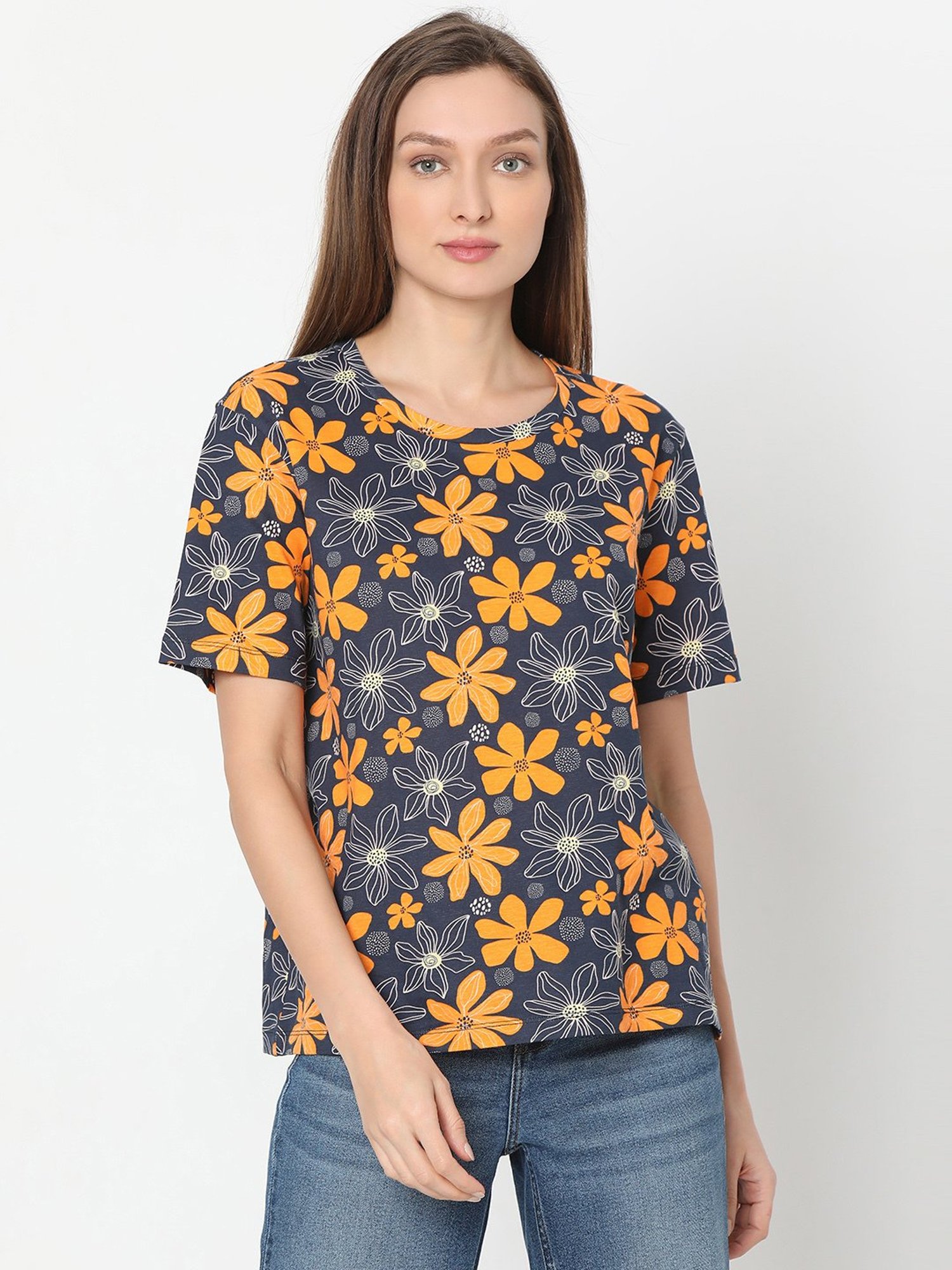 Vero Moda Blue & Yellow Cotton Floral Print T-Shirt