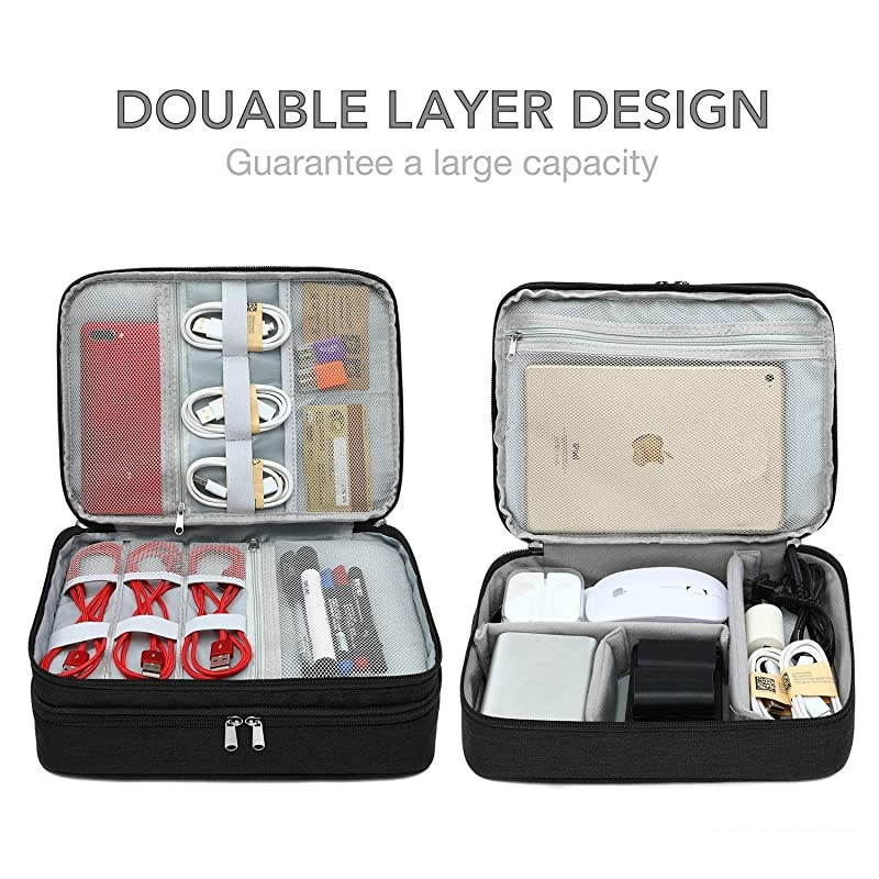 Layer Electronic Organizer with Cable Straps Travel Universal Cable Organizer Electronics Accessories Cases for Cable Charger Phone USB SD Card Black