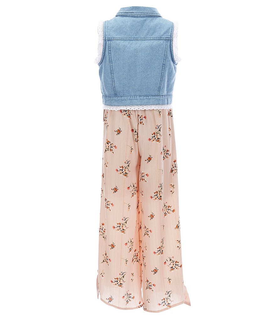 Rare Editions Big Girls 7-16 Printed Chiffon Jumpsuit & Denim Vest Set