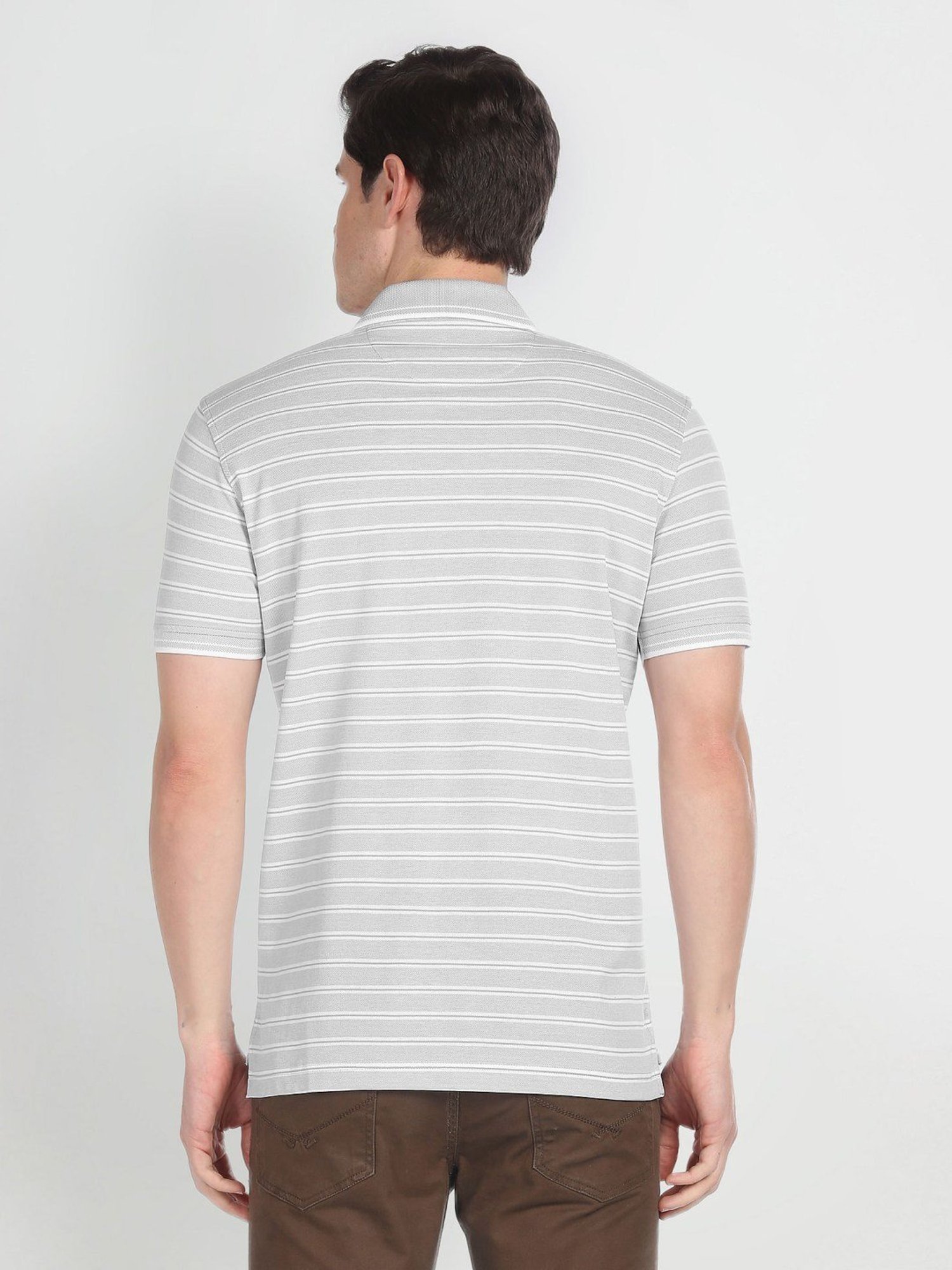Arrow Grey Cotton Regular Fit Striped Polo T-Shirt