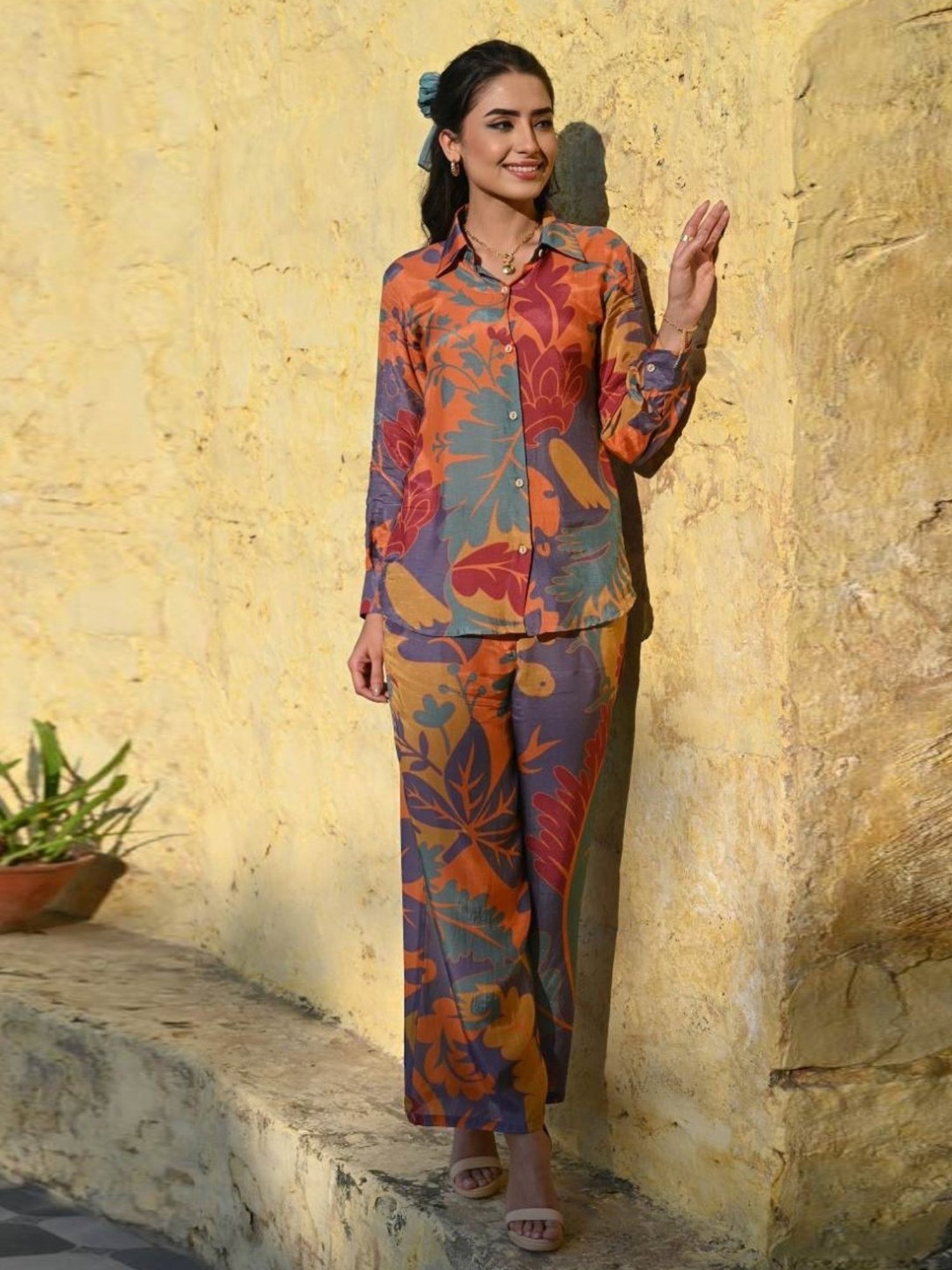 Mahee Jaipur Tangerine Vogue Muslin Shirt with Pant Co-ord Set