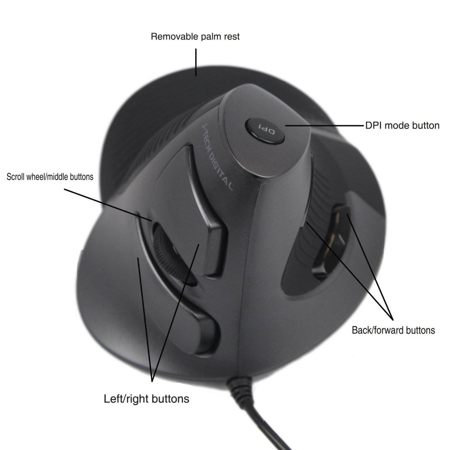 J-Tech Digital Scroll Endurance Wired Mouse Ergonomic Vertical USB Mouse with Adjustable Sensitivity (600/1000/1600 DPI), Removable Palm Rest & Thumb Buttons - Reduces Hand/Wrist Pain(Wired)