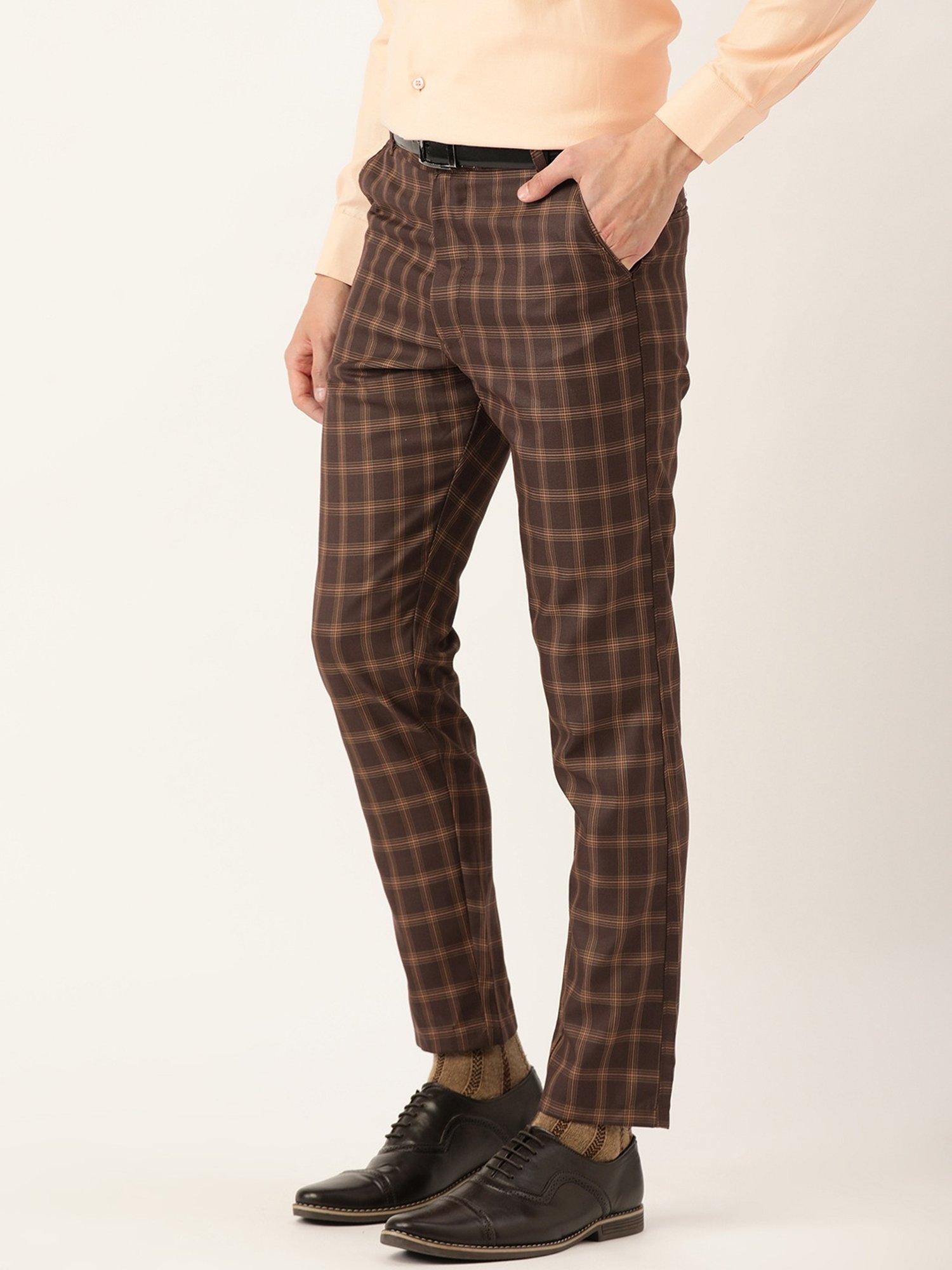Sojanya Brown Cotton Regular Slim Fit Checks Flat Front Trousers