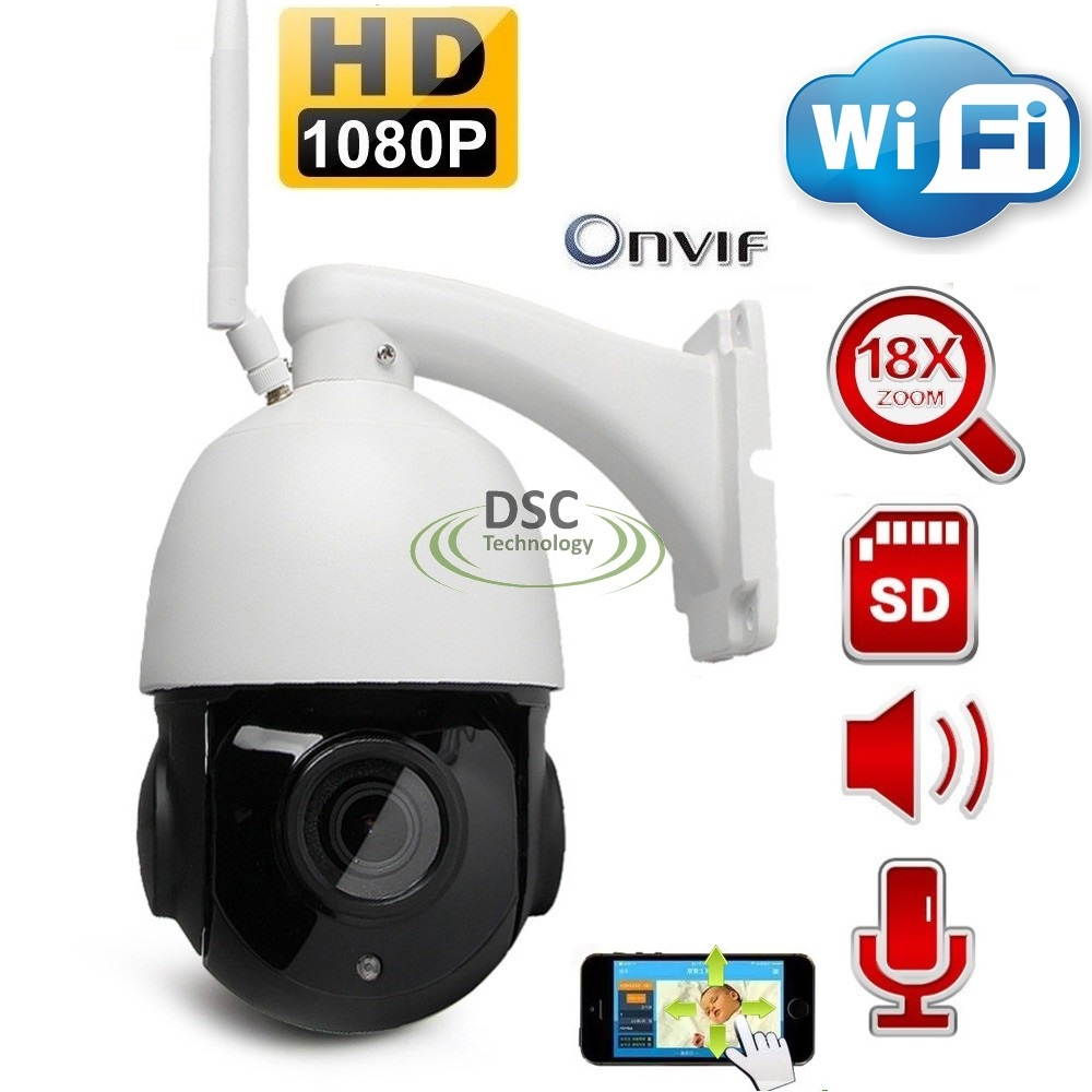 Wireless PTZ Onvif Speed Dome 1080P IP Camera WIFI Outdoor 18x Optical Zoom CCTV Security Video Network Camera Audio Talk, Speaker, SD Card slot